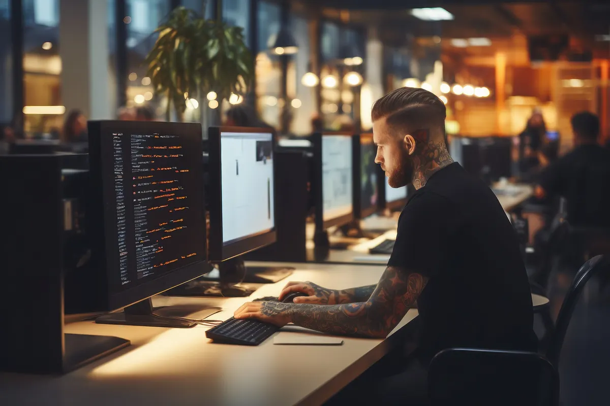 A developer writing code at a desk in a dimly lit office